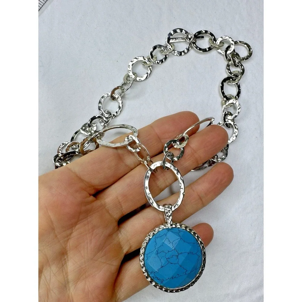 Hammered Links Necklace Turquoise White Pendant Reversible CA Stainless Steel